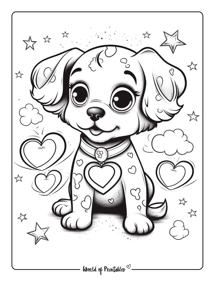 a cartoon dog with hearts and stars around it