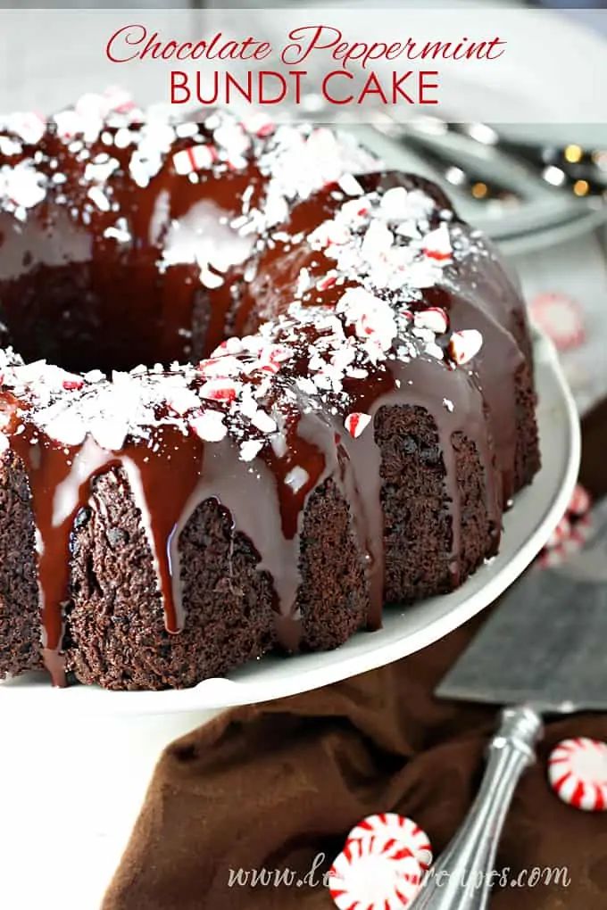 chocolate peppermint bundt cake on a white plate