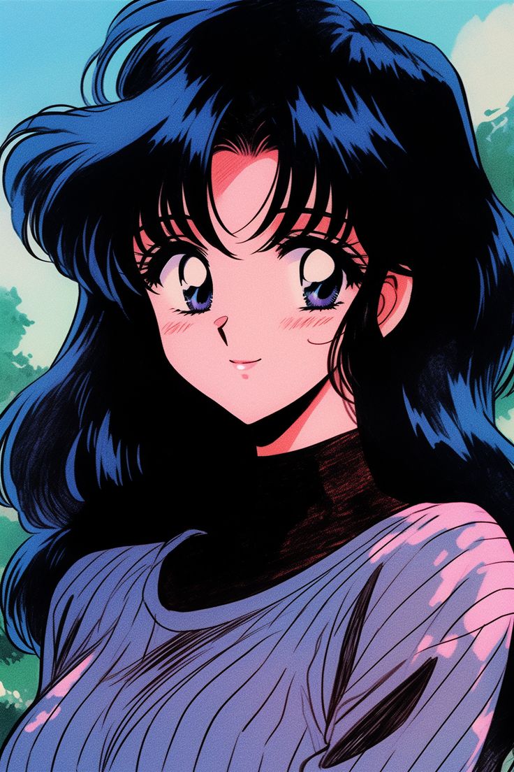 an anime character with long black hair and blue eyes