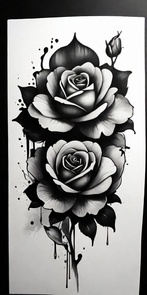 a black and white drawing of two roses with water droplets on it's petals