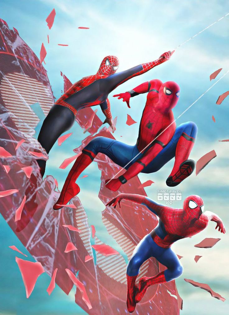 two spider - man flying through the air in front of a blue sky with red and white confetti