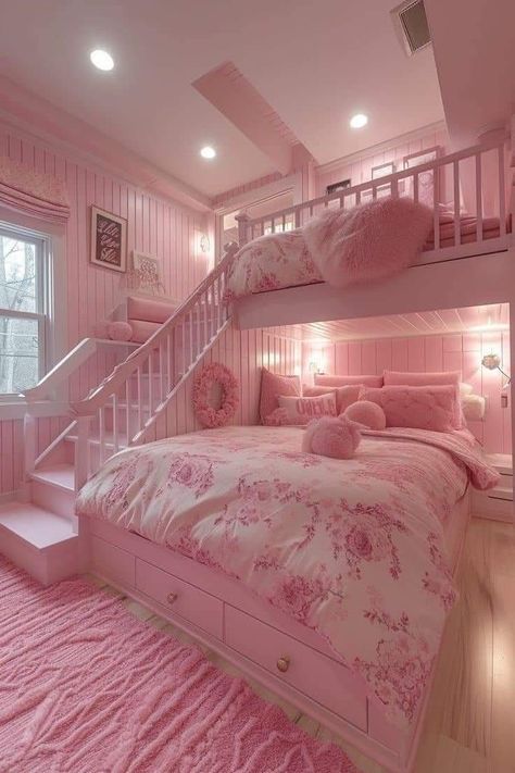 a bedroom with pink carpet and bunk beds