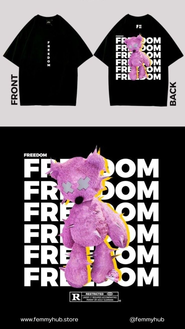 a t - shirt with a pink teddy bear on the front, and an image of a purple teddy bear on the back