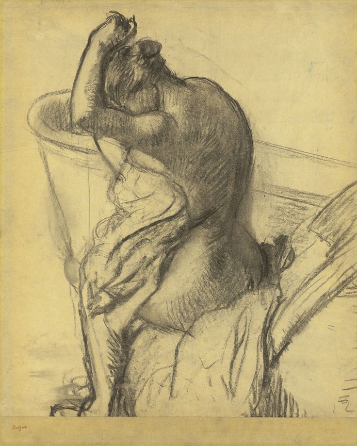 a drawing of a woman sitting in a bathtub with her head resting on the edge