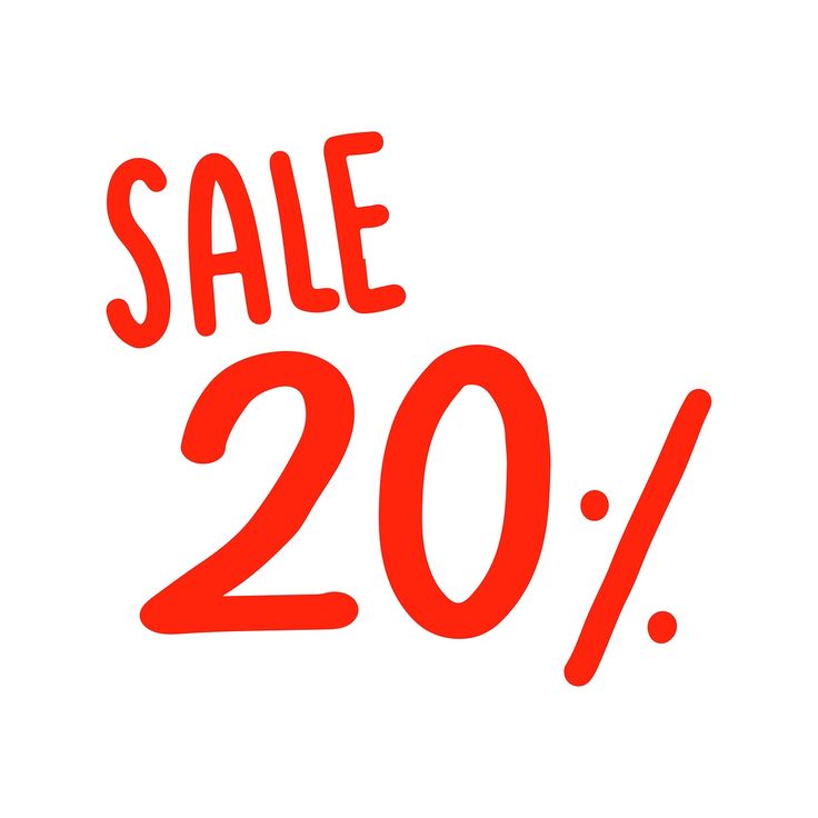 the sale 20 % off sign is shown in red on a white background with black lettering