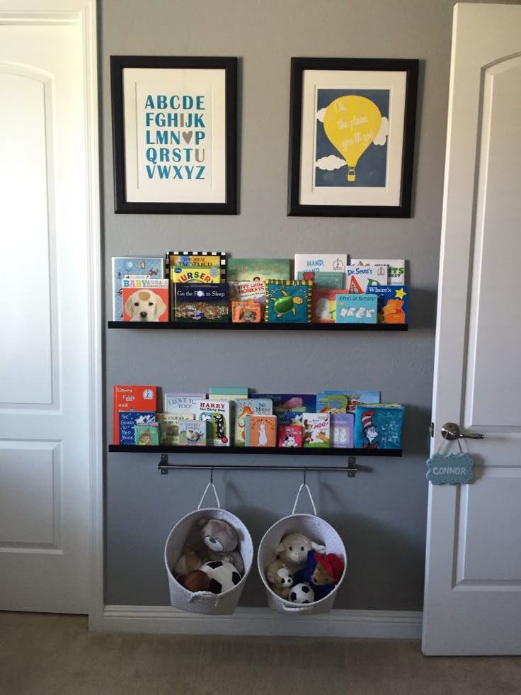 two bookshelves are filled with children's books and stuffed animals on them