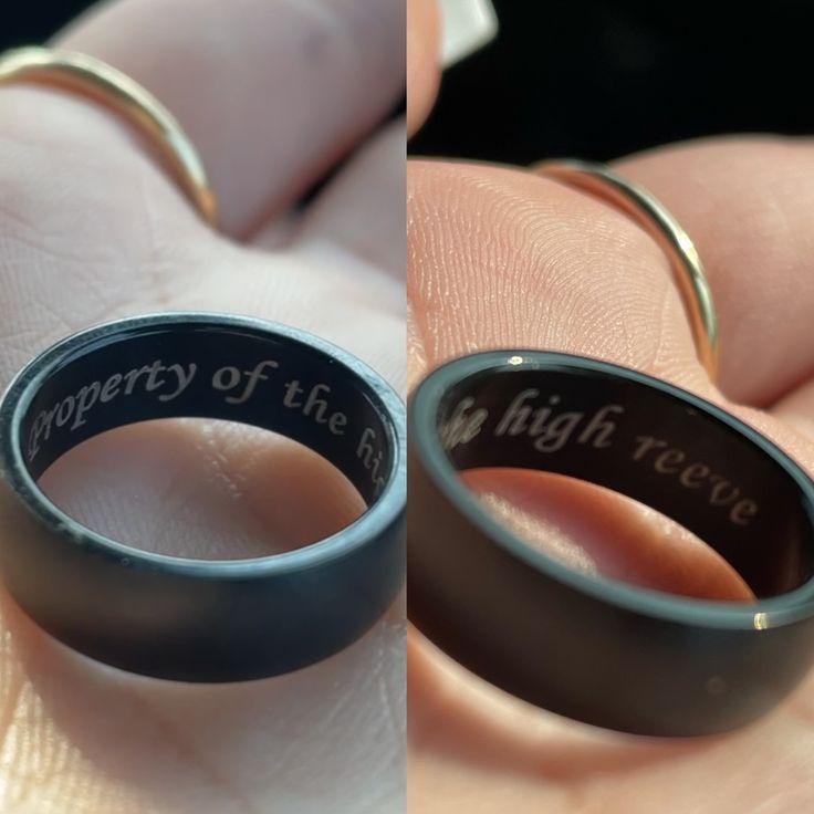 two wedding rings with the words property of the right and left hand written on them