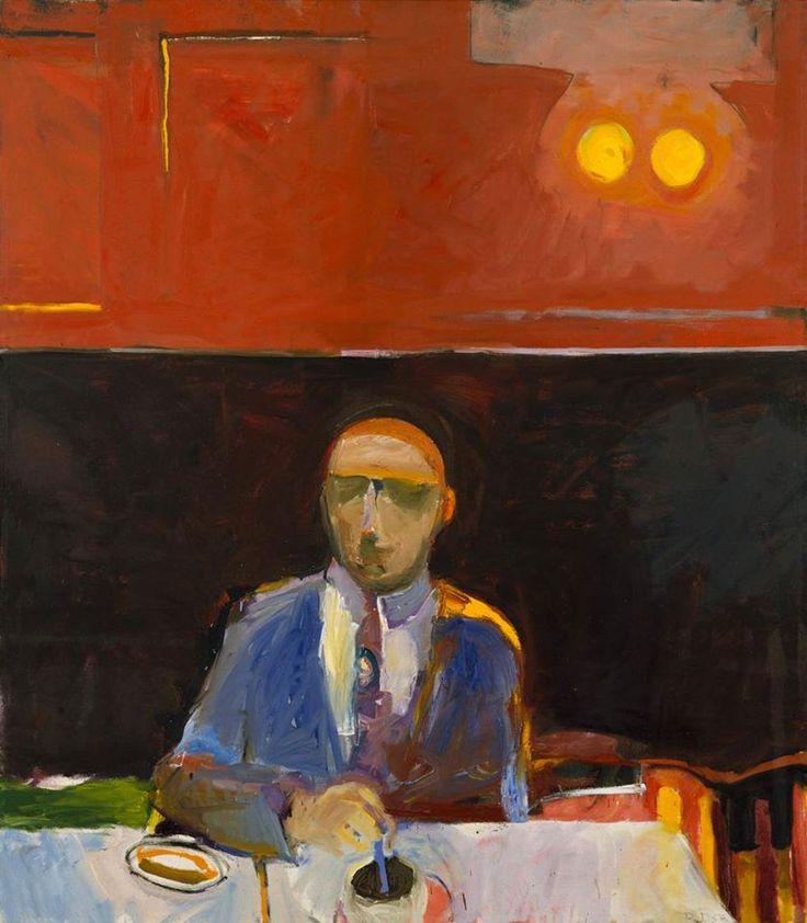 a painting of a man sitting at a table with a coffee cup in front of him