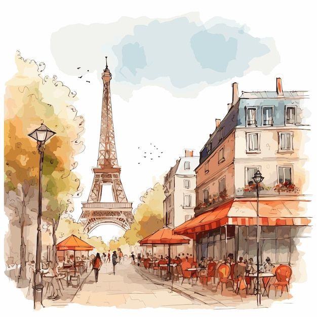 the eiffel tower in paris, france is painted with watercolor and ink