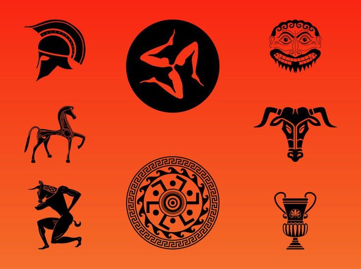 an orange background with black and white images of ancient greek symbols, including vases