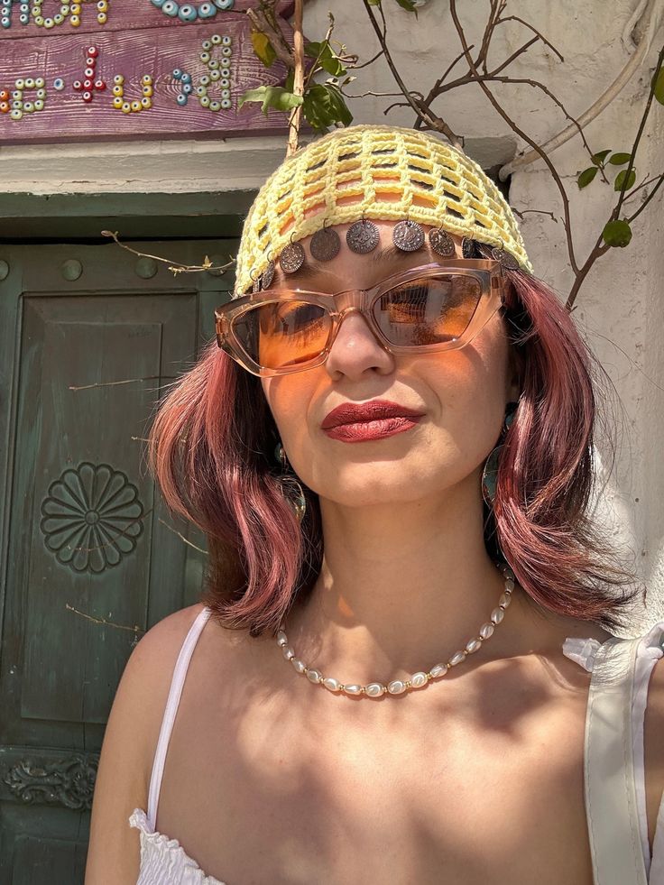 ⭐️ This crochet netted skull cap with dangling sequins is the perfect accessory to complement any outfit with a boho flair. 🌈 Add a personal touch to your beanie by choosing from a variety colors! 🍀Handmade with care, this knitted net hat is versatile choice for any season. 🎁If you know someone who loves handmade gifts or who has expressed an interest in unique accessories, this hat could be a delightful surprise for them. 📏 Size; 22 inch (55 cm) our one-size-fits-all. If you have any questi Summer Mini Hats Made Of Yarn, Trendy Festival Mini Hats, Trendy Brimmed Mini Hats For Festival, Bohemian Mini Hat For Beach, One Size, Trendy Festival Hats, One Size Bohemian Mini Hat For The Beach, Trendy One Size Festival Hat, Trendy One-size Festival Hats, Festival Crochet Beanie Hat