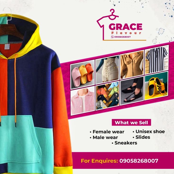 an advertisement for grace shoes and apparels, featuring colorful hoodies on hangers