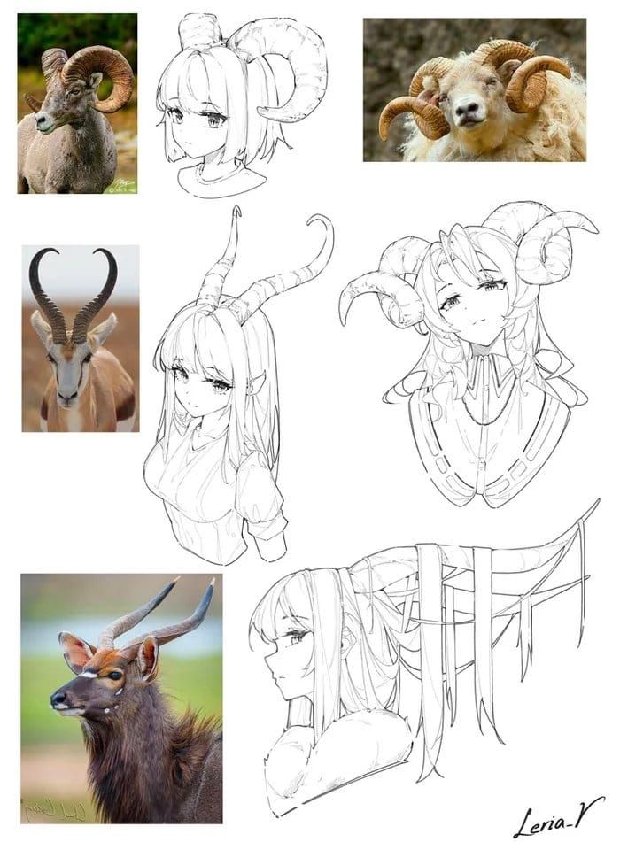 some animals that are in different poses and sizes, all with horns on their heads