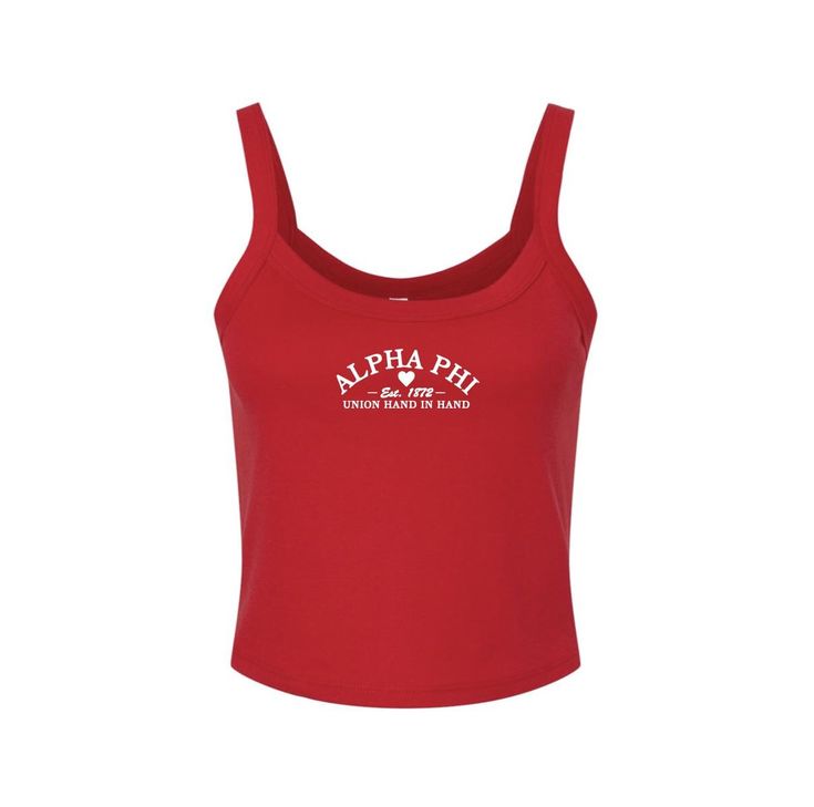 a women's red tank top with the words alphia phi on it