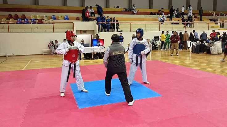 two people practicing karate in front of an audience at a gym with spectators watching from the sidelines