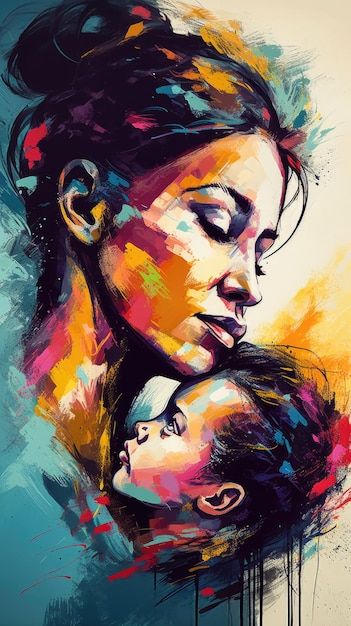 a painting of a woman holding a baby in her arms with paint splatters all over it