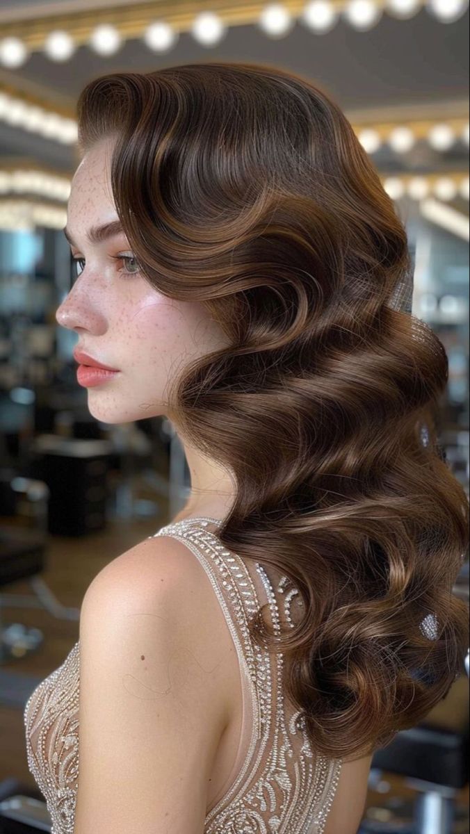 Hollywood Inspired Hairstyles, Hairstyle Inspo For Prom, Hair Styles Grad, Hollywood Glam Long Hair, Hairstyles For A Ball Gown, Waves Hairstyle Women, Hollywood Waves Pinned Back, Classic Hair Wedding, Classic Glam Wedding Hair