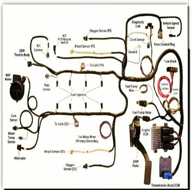 an image of wiring for a car with all the components labeled in this diagram, including wires