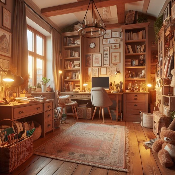 a room with wooden floors and lots of bookshelves, furniture, and pictures on the walls