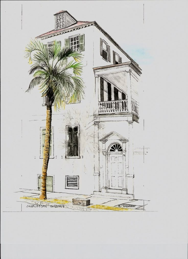 a drawing of a building with a palm tree