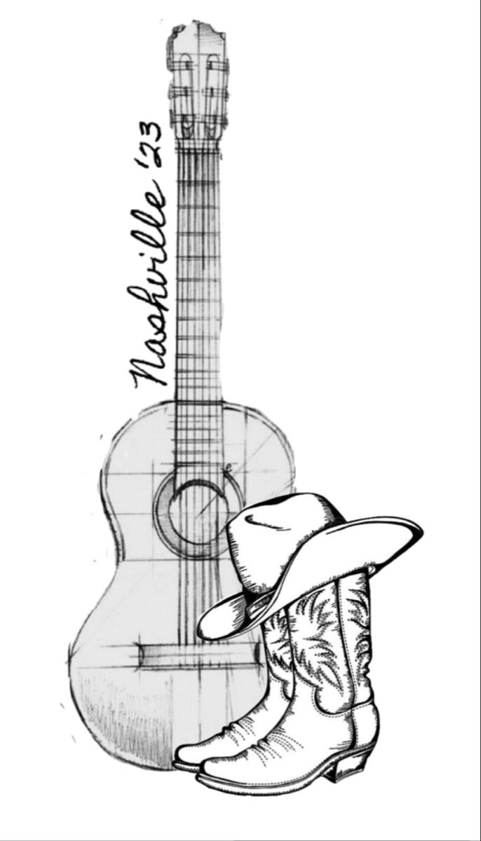 a drawing of a cowboy's hat and guitar