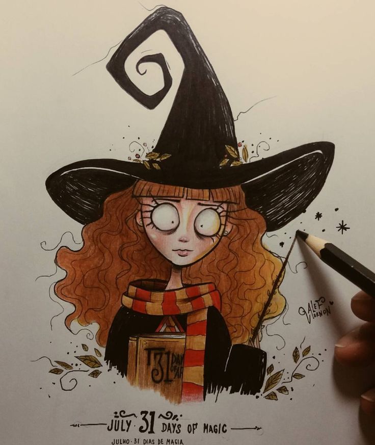 a drawing of a girl wearing a witches hat