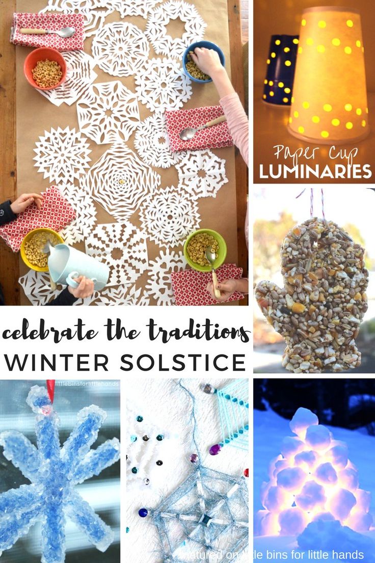 collage of snowflakes and crafts with text overlay that reads celebrate the holidays with winter solstice