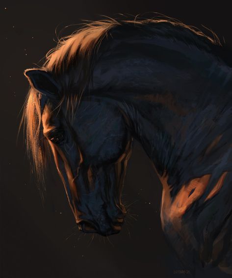 a painting of a horse in the dark with its head turned to look like it has long hair