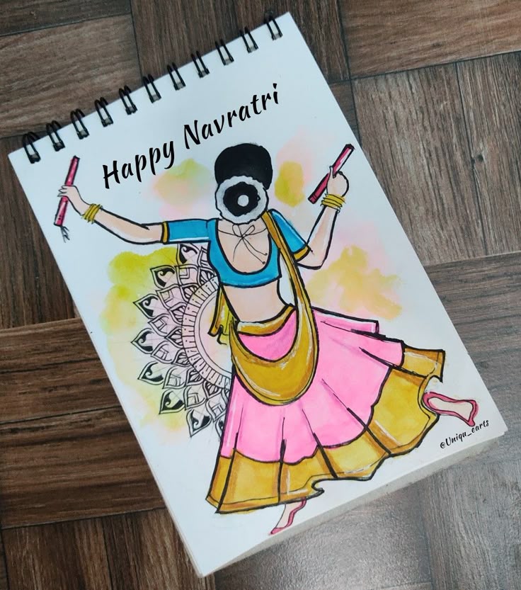 a happy navratii greeting card with an illustration of a woman dancing on the dance floor