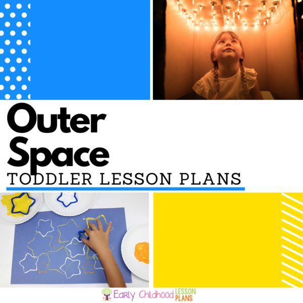 the cover of outer space toddler lesson plans is shown with images of children playing