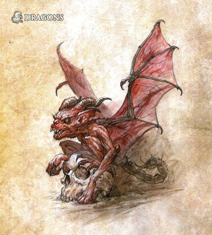 a drawing of a red dragon attacking a human skull