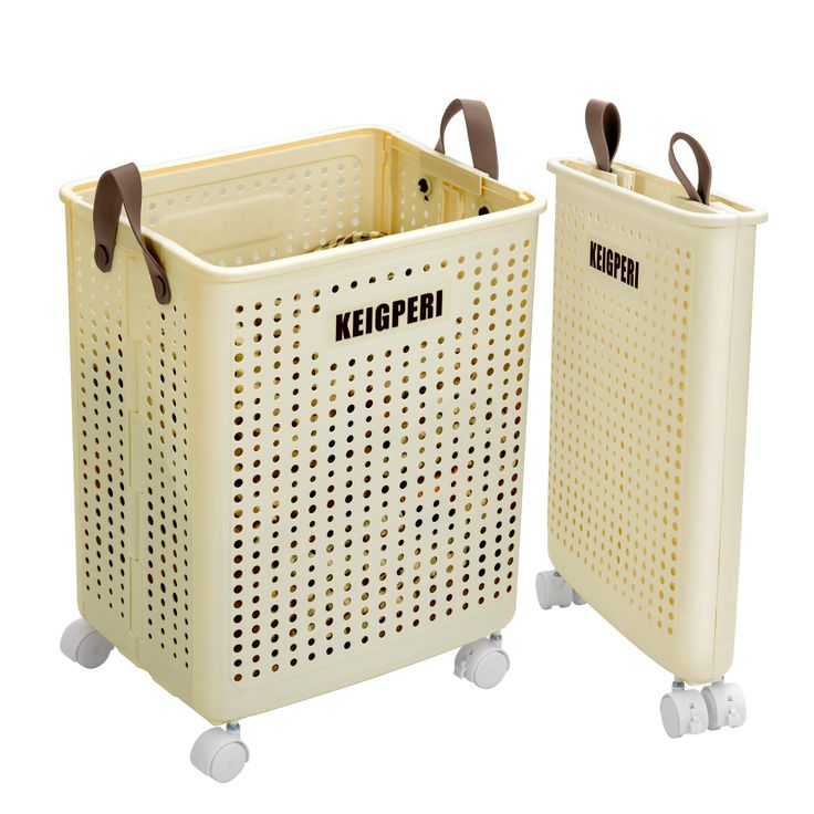 two white baskets with brown handles on wheels