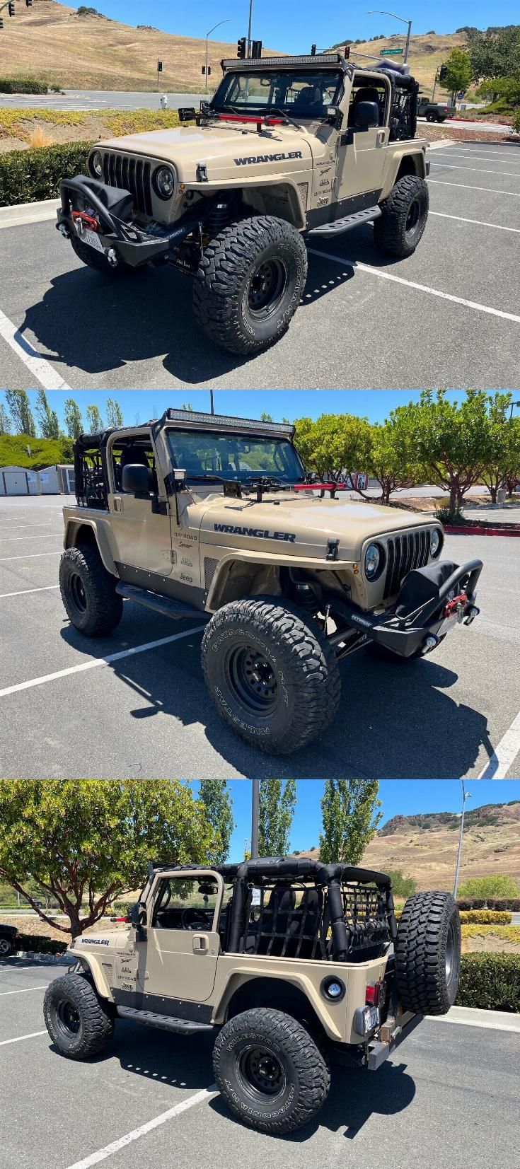 four different pictures of jeeps parked in a parking lot