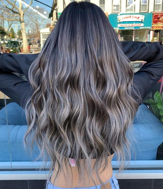 Silver Brown Highlights, Dark Brown Hair W Ash Highlights, Dark With Light Brown Highlights, Brunnet Hair With Ash Highlights, Dark Hair To Highlights, Ash Blonde Highlights With Dark Roots, Brown Hair Bayalage Ideas, Highlits Dark Brown Hair, Dark Ash Brown With Blonde Highlights