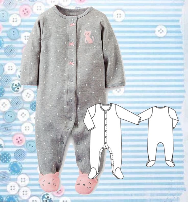 a baby's pajamas and footies are shown with buttons