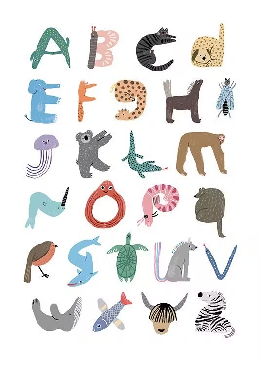 an illustrated poster with animals and letters