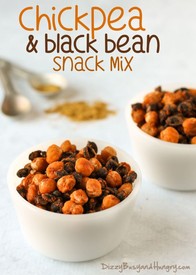 two white bowls filled with chickpea and black bean snack mix