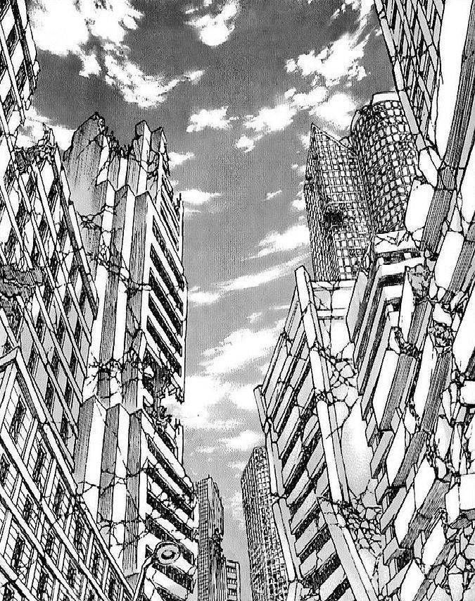 an ink drawing of some buildings in the middle of a city with clouds above them