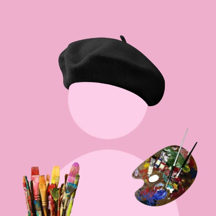 an artist's hat and paintbrushes on a pink background