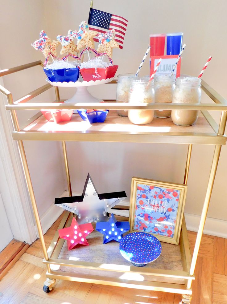 an american themed bar cart with patriotic decorations