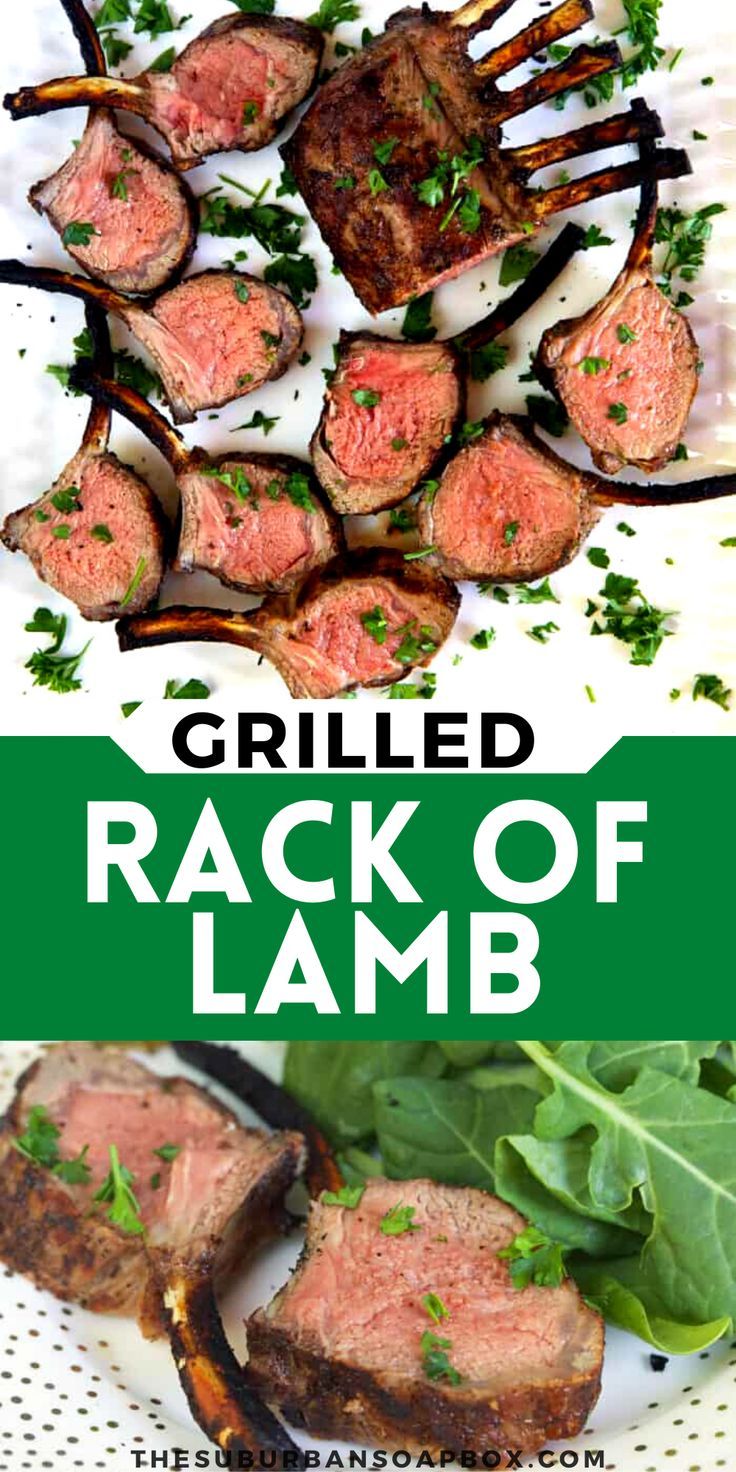 grilled rack of lamb with spinach leaves on the side and text overlay that reads grilled rack of lamb