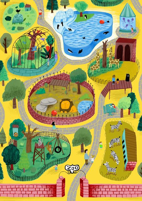 an illustrated map of a park with lots of animals