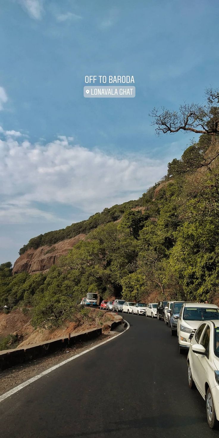 there are many cars that are parked on the side of the road in front of some trees