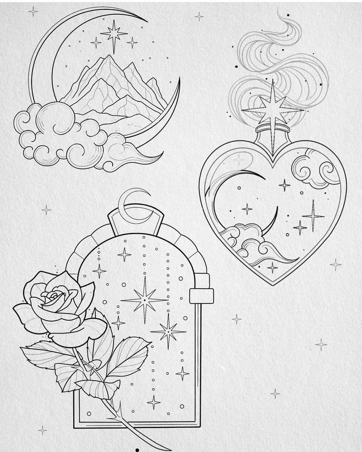 three tattoos that are on paper and one has a rose in the middle with stars