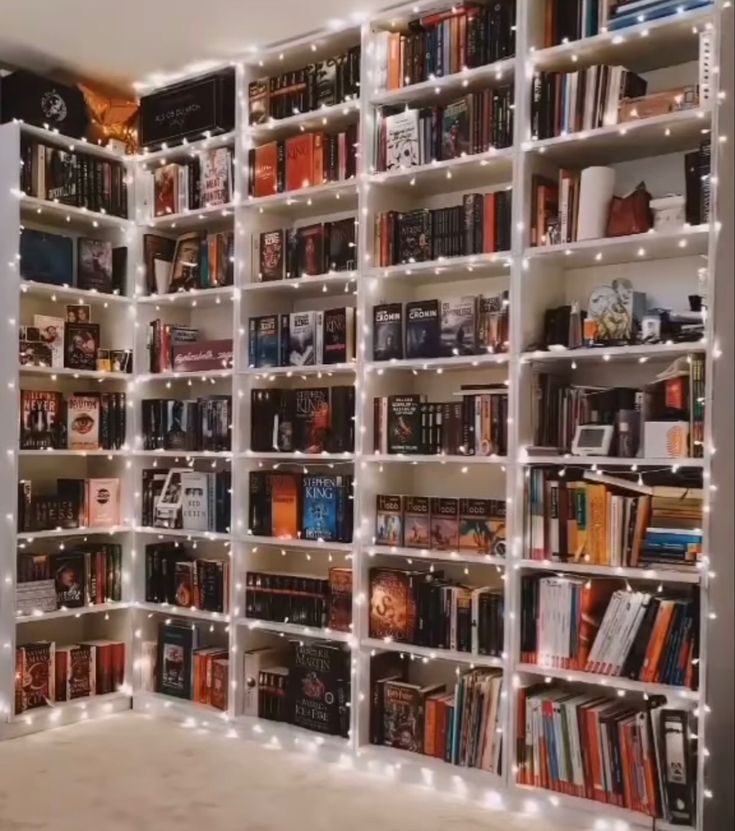 a room filled with lots of books and lights on the wall next to each other