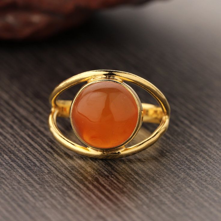 18K Gold Plated on 925 Sterling Silver. Metal : Solid Sterling Silver with 925 Stamp. Stone - Natural Carnelian  Ring Weight - 3.3 gm. Stone Size - 10mm round Gold Opal Ring With Round Stone, 14k Gold Amber Round Jewelry, 14k Gold Round Amber Jewelry, Round 14k Gold Amber Jewelry, Gold Spiritual Opal Ring, Spiritual Gold Round Opal Ring, Spiritual Gold Opal Ring, Spiritual Citrine Round Rings, Spiritual Round Citrine Rings