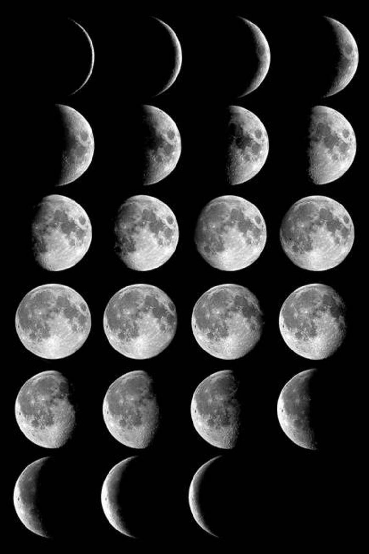 the phases of the moon are shown in black and white, as well as several smaller ones