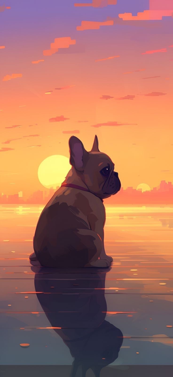 a small dog sitting on top of a body of water near the ocean at sunset