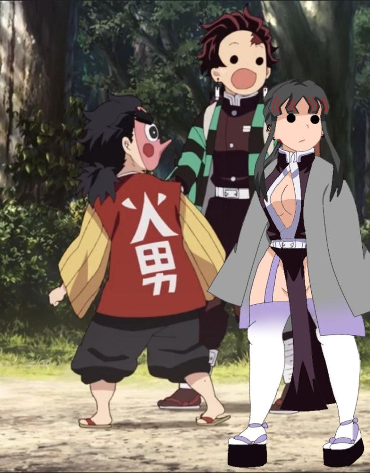 three anime characters standing in front of some trees and one is holding the hand of another character