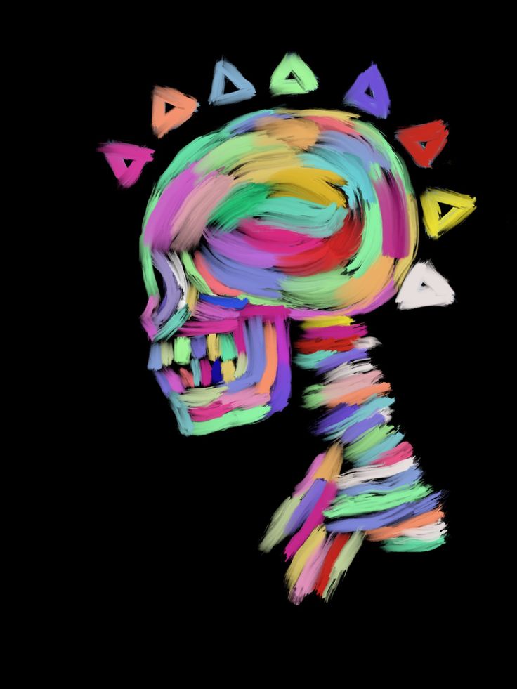 a drawing of a human skull with colorful paint on it